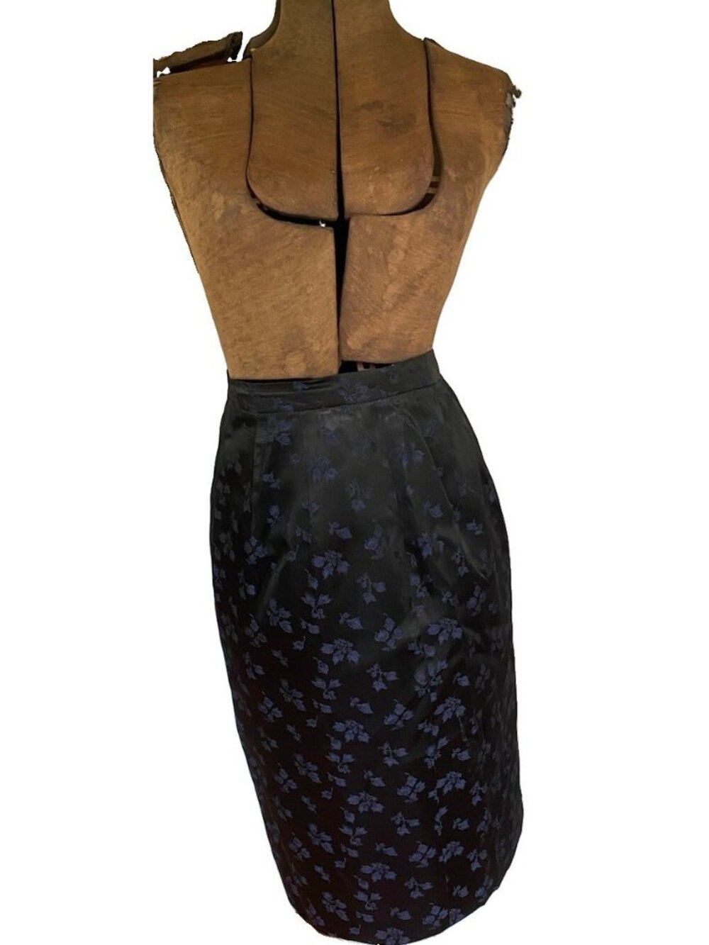 Vintage Pilar Rossi Skirt Navy Floral Jacquard Black Silk Pencil 8